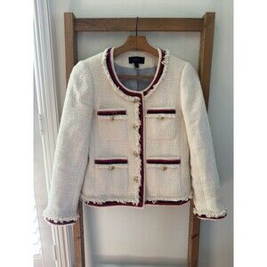 J. Crew Fringy Tweed Jacket Size 2 Gold Button Preppy Spring Old Money Ivory